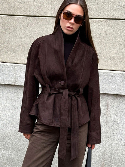 Suede Long Sleeve Belted Jacket