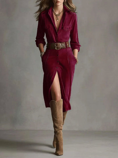 Suede Long Sleeve Shirt Dress