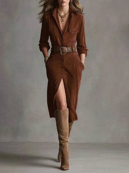 Suede Long Sleeve Shirt Dress