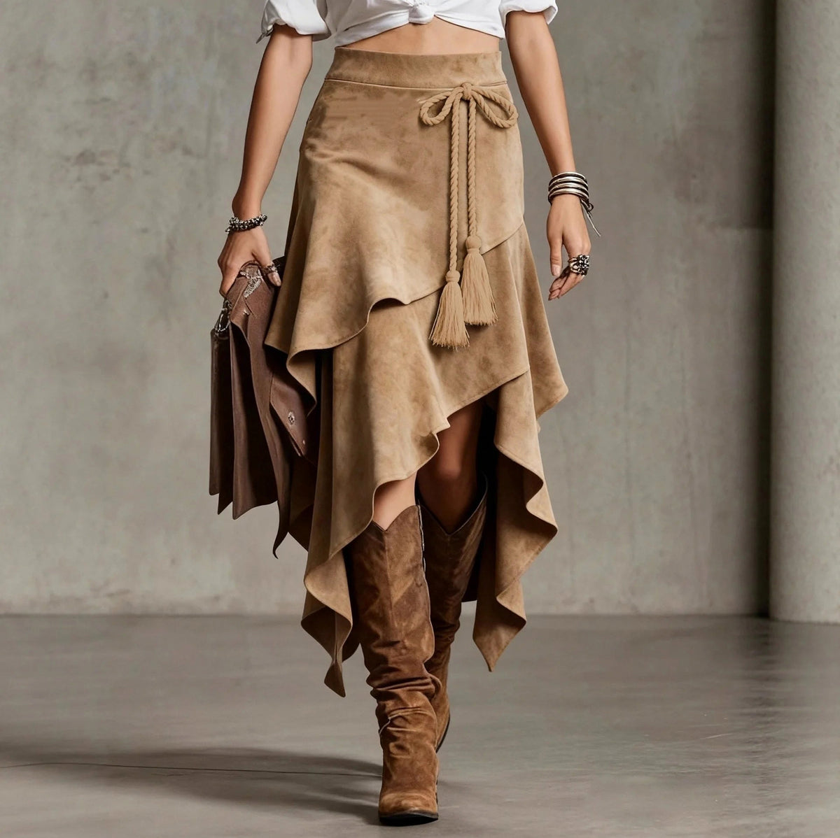 Suede Tiered Tassel Midi Skirt