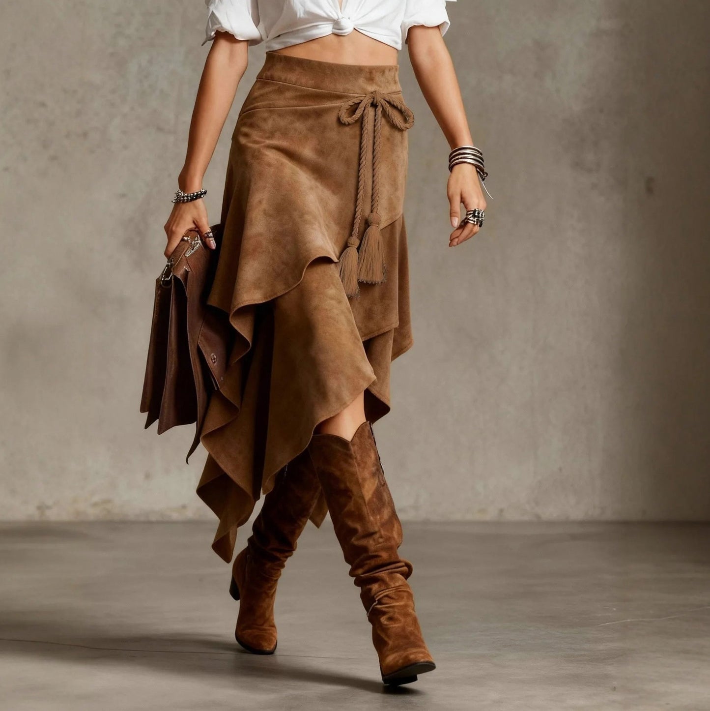 Suede Tiered Tassel Midi Skirt