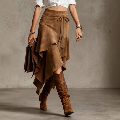Suede Tiered Tassel Midi Skirt