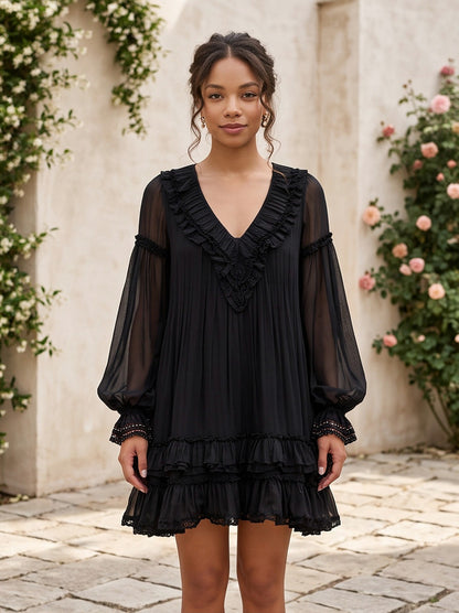 Tiered Long Sleeve Babydoll Mini Dress
