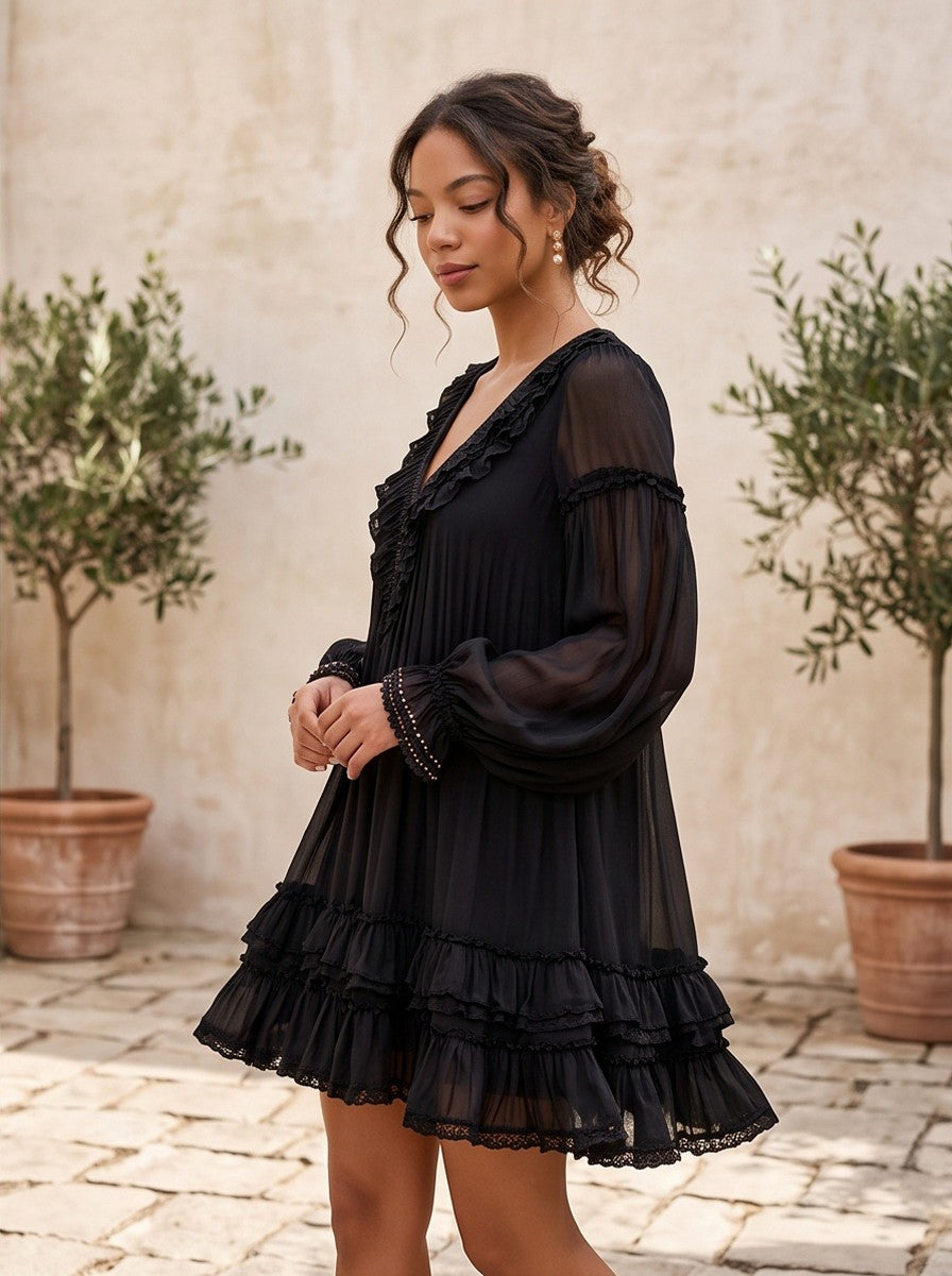Tiered Long Sleeve Babydoll Mini Dress