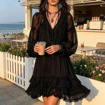 Tiered Long Sleeve Babydoll Mini Dress