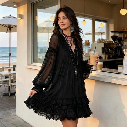 Tiered Long Sleeve Babydoll Mini Dress