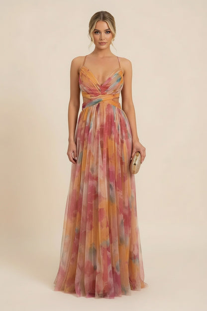 Tulle Watercolor Floral Cutout Maxi Dress