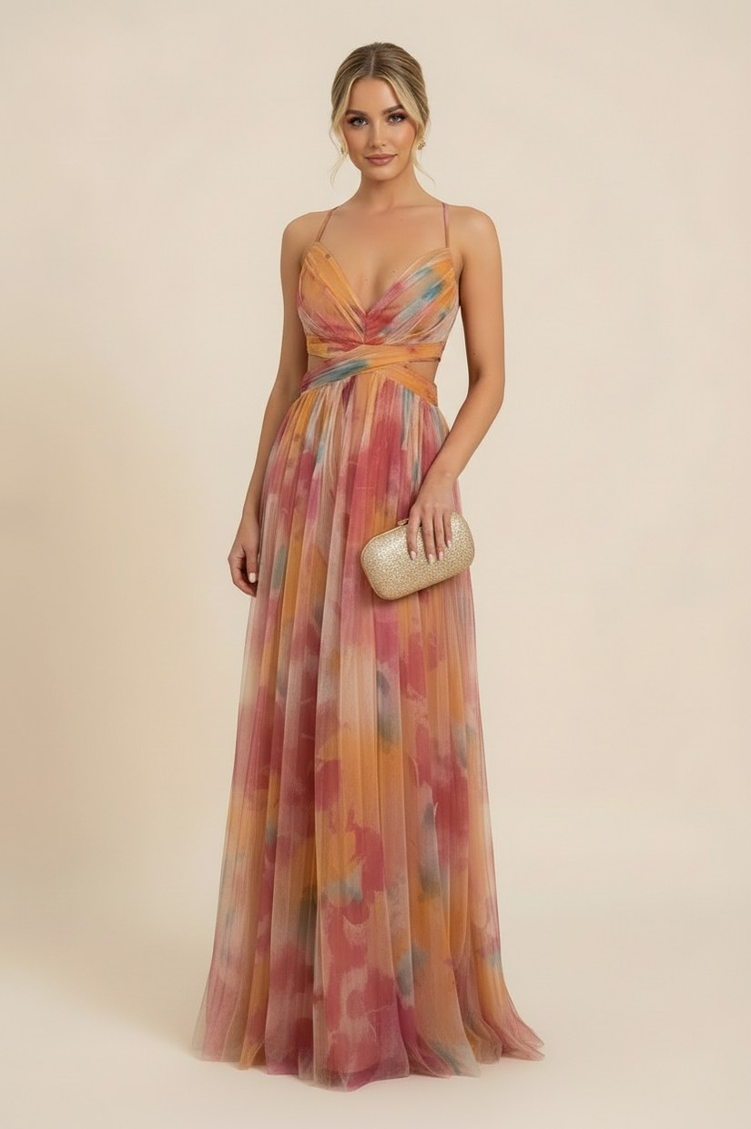 Tulle Watercolor Floral Cutout Maxi Dress