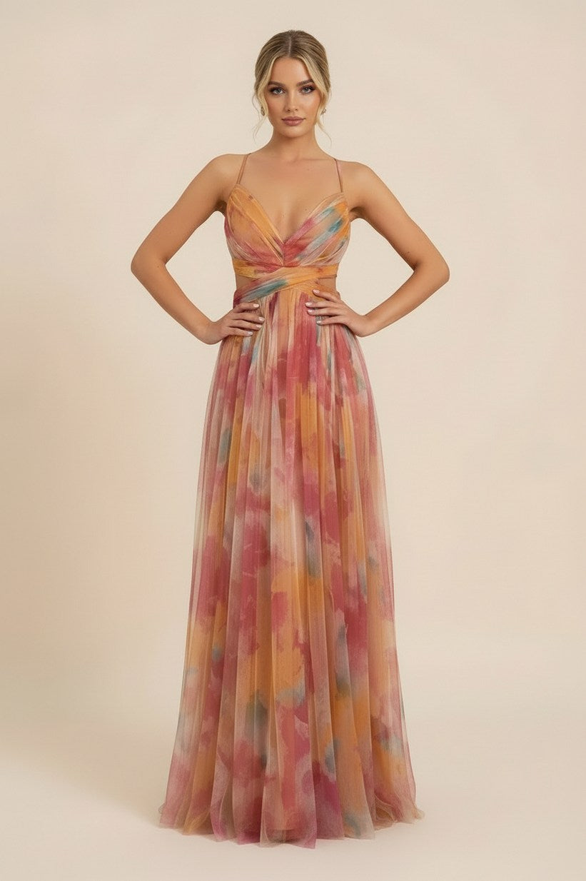Tulle Watercolor Floral Cutout Maxi Dress