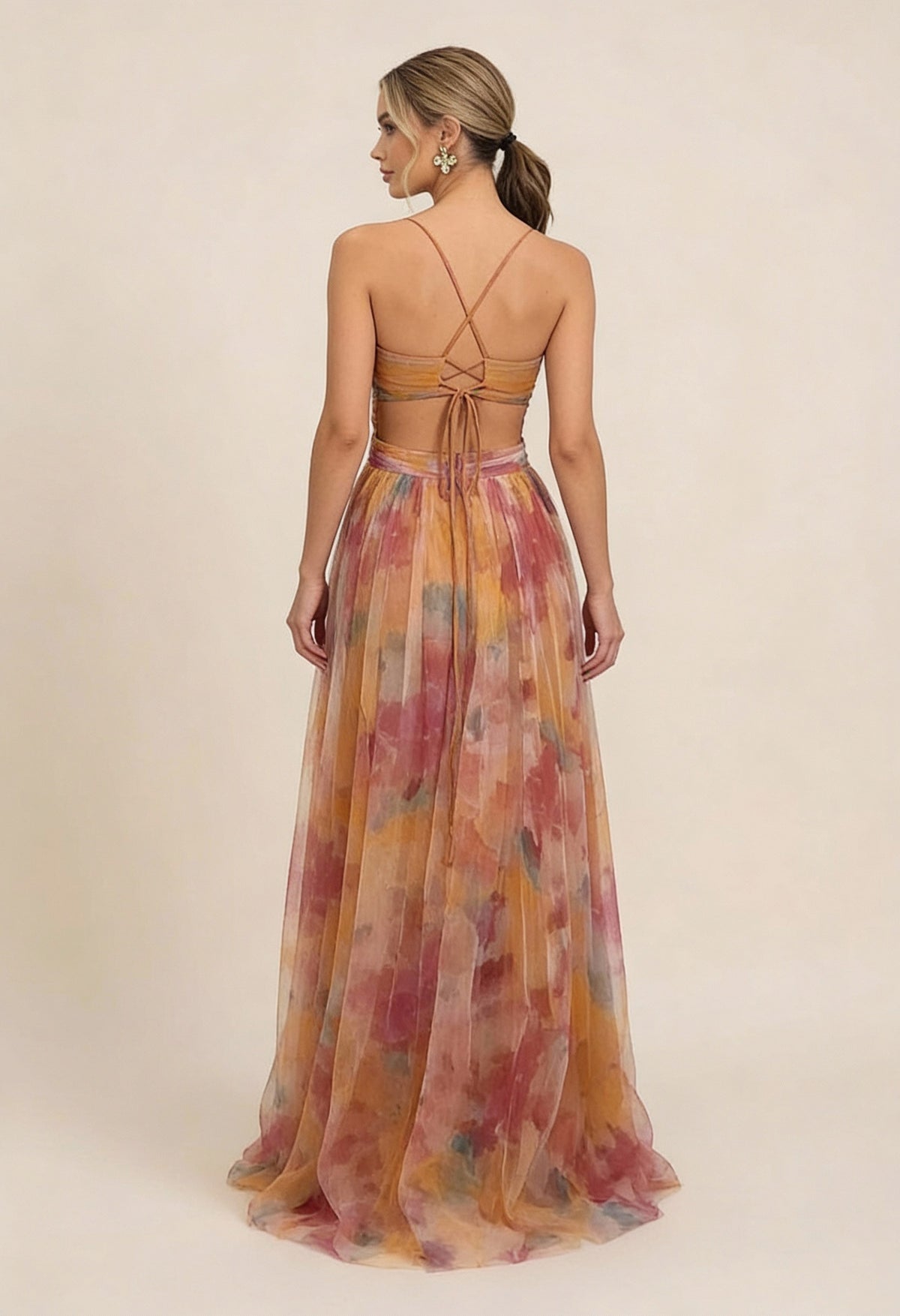 Tulle Watercolor Floral Cutout Maxi Dress