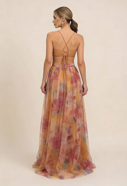 Tulle Watercolor Floral Cutout Maxi Dress