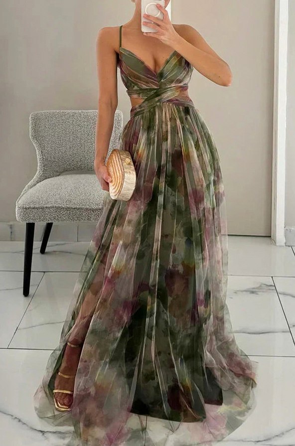 Tulle Watercolor Floral Cutout Maxi Dress