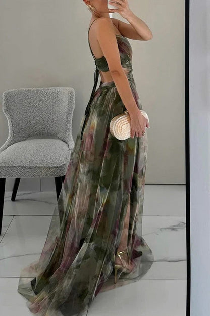 Tulle Watercolor Floral Cutout Maxi Dress