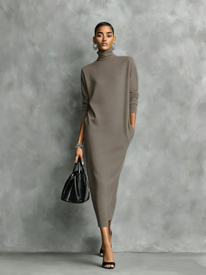 Long Sleeve Turtleneck Knit Midi Sweater Dress