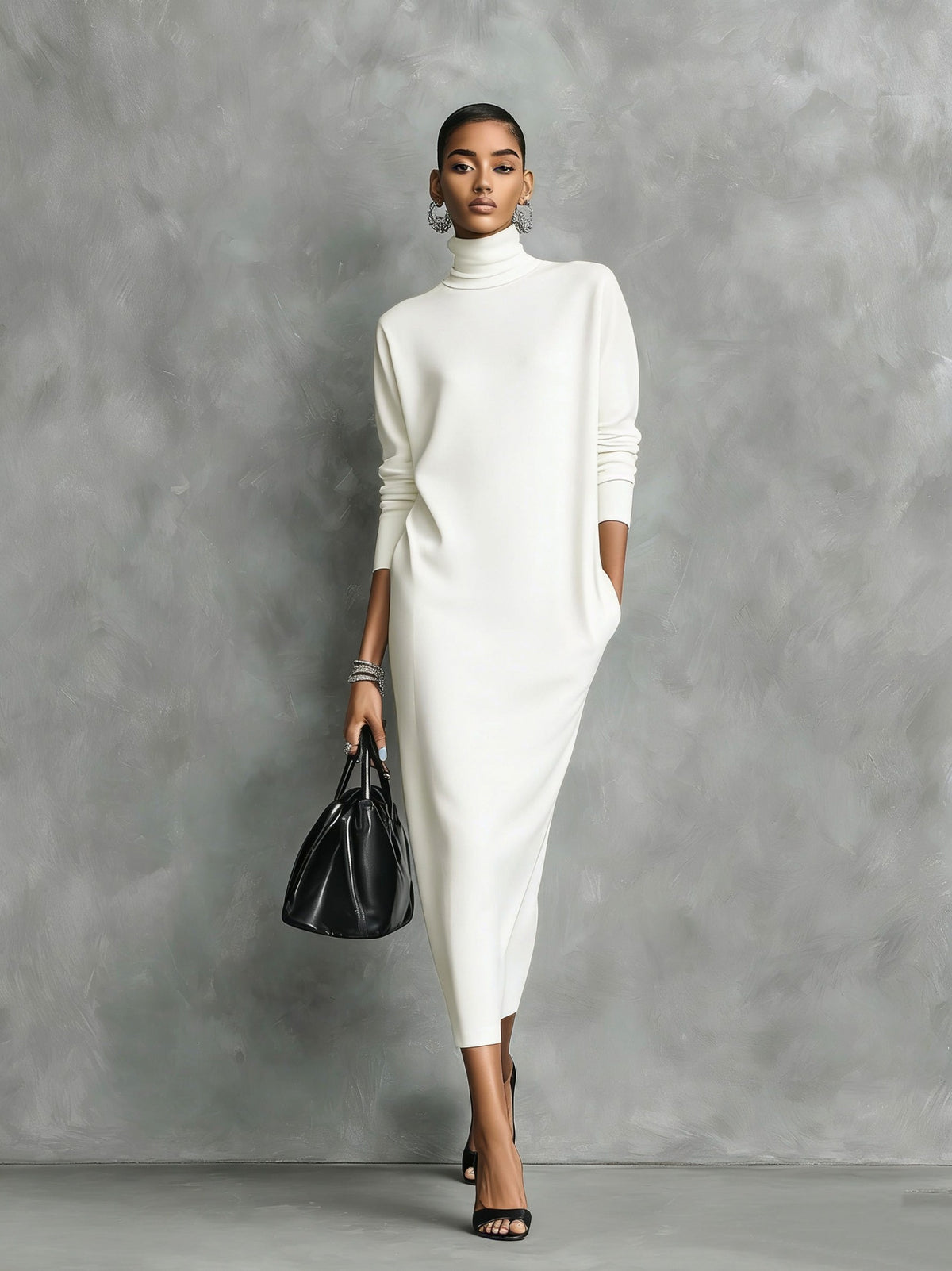 Long Sleeve Turtleneck Knit Midi Sweater Dress