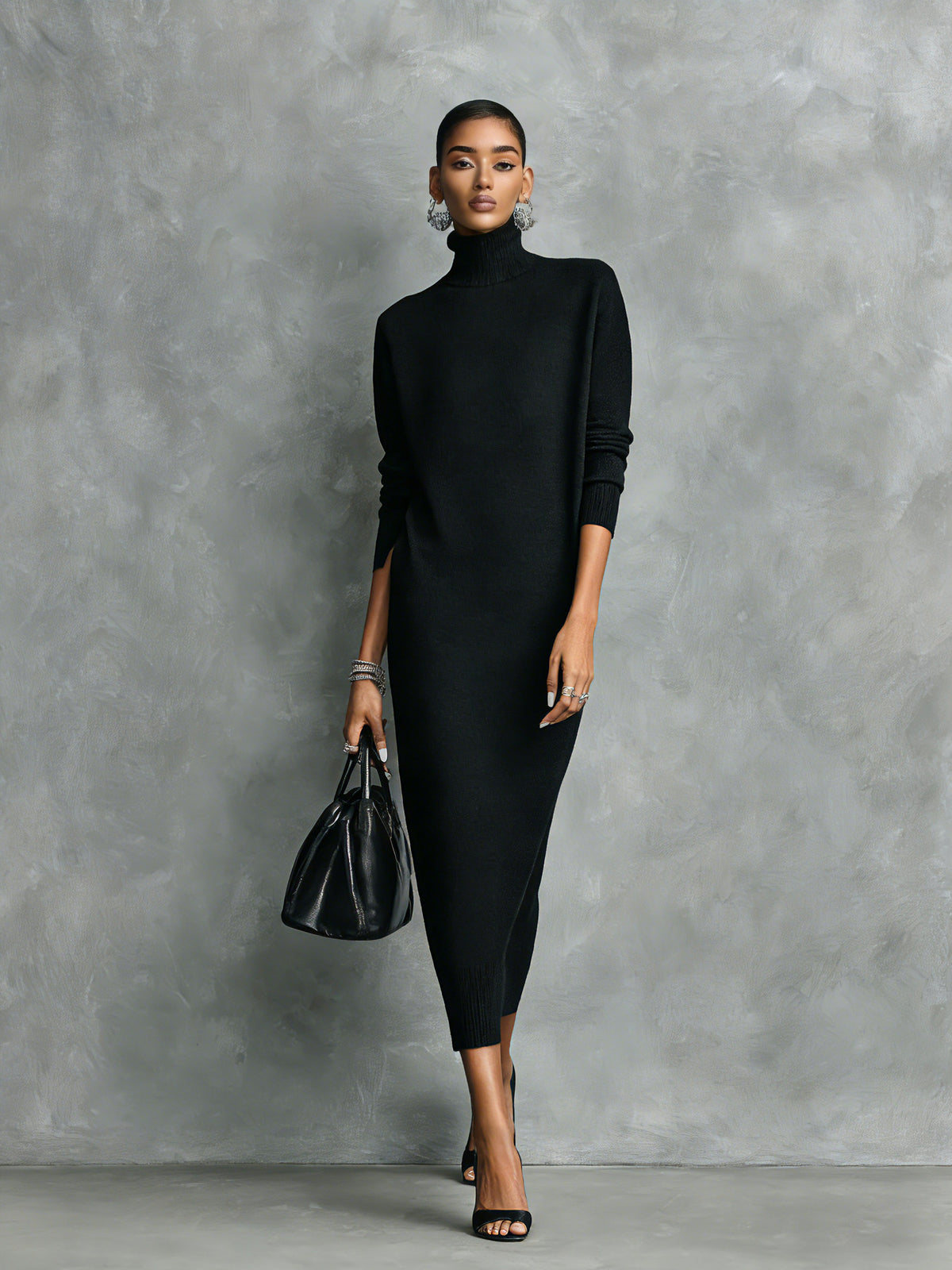 Long Sleeve Turtleneck Knit Midi Sweater Dress