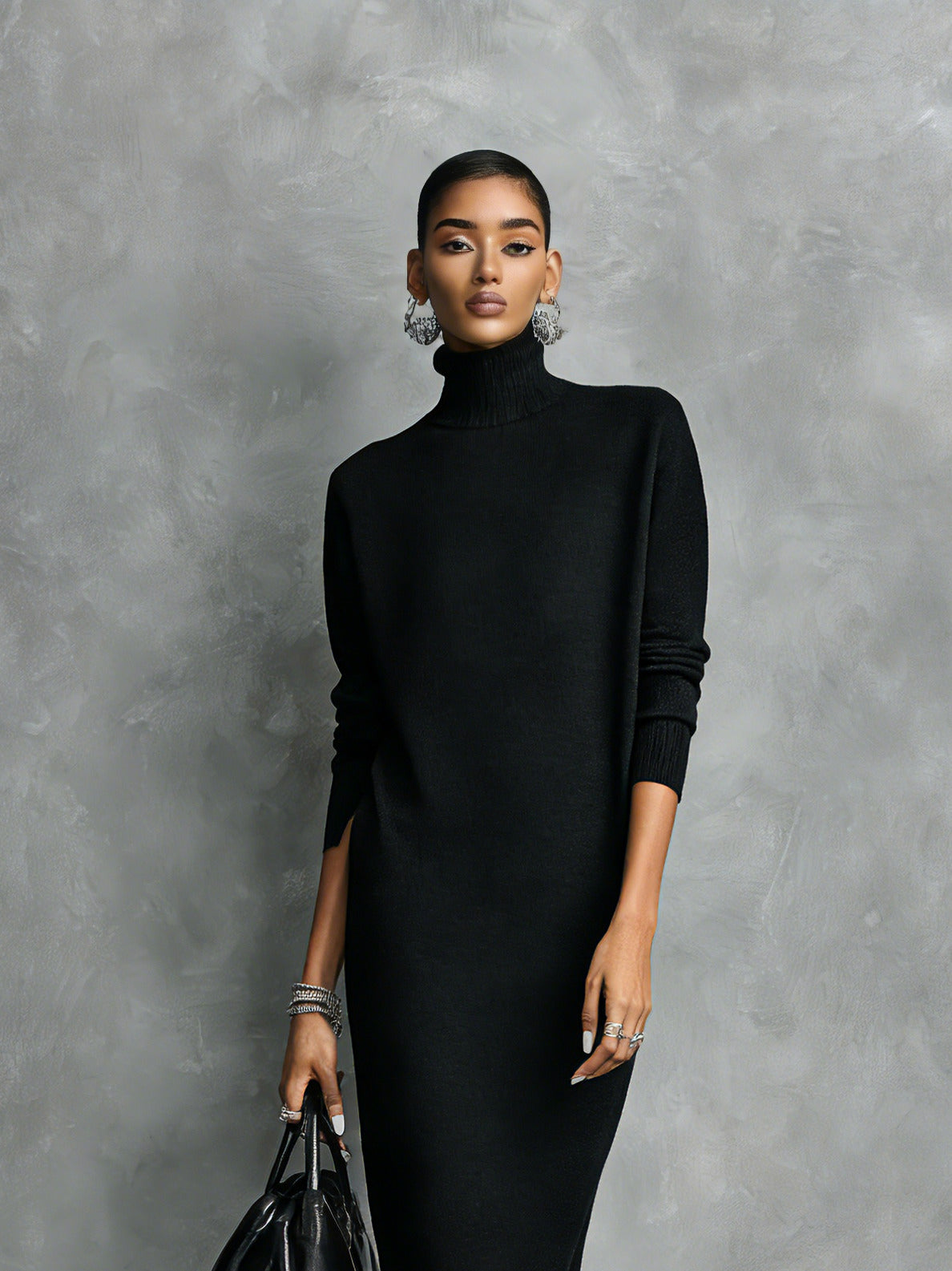 Long Sleeve Turtleneck Knit Midi Sweater Dress