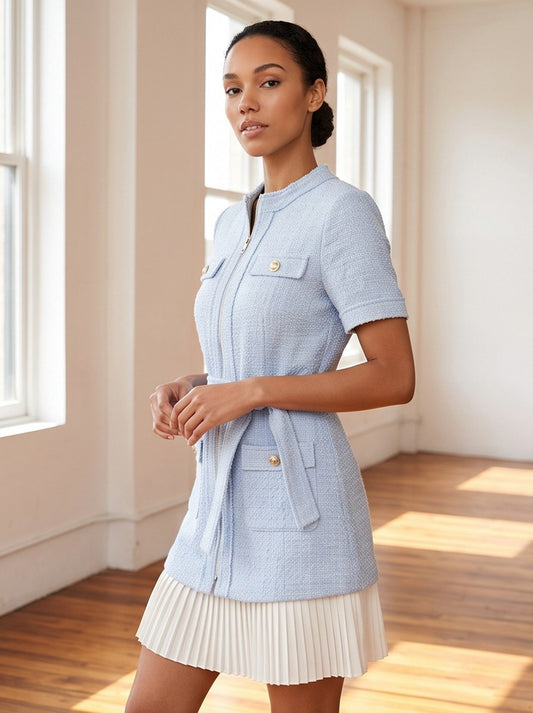 Tweed Short Sleeve Belted Pleated Mini Dress