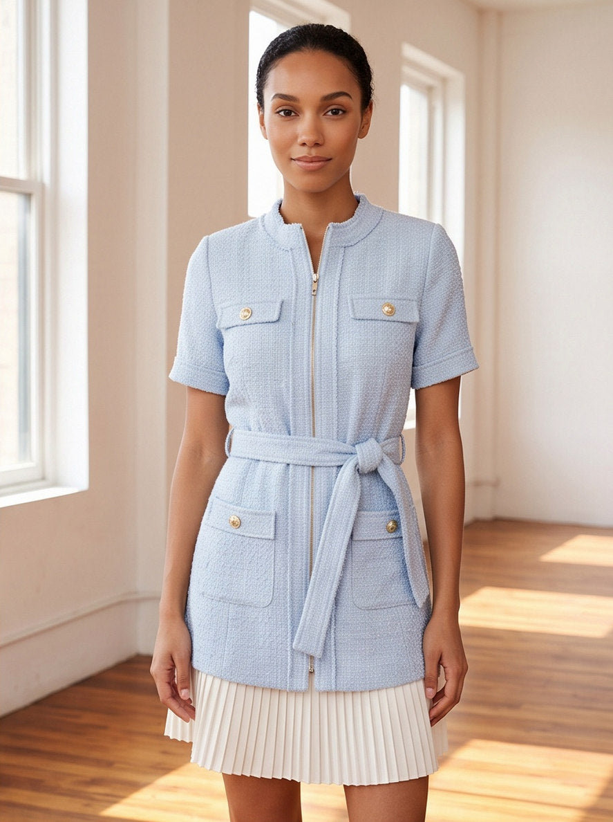 Tweed Short Sleeve Belted Pleated Mini Dress
