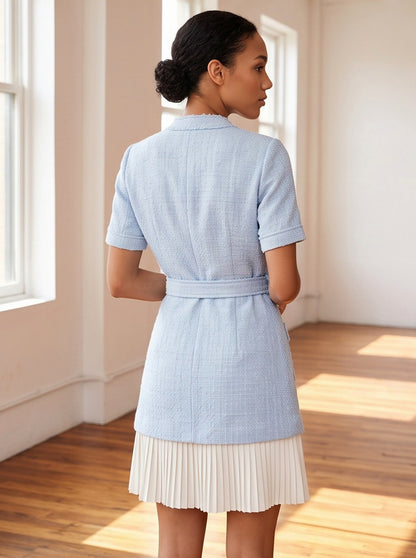 Tweed Short Sleeve Belted Pleated Mini Dress