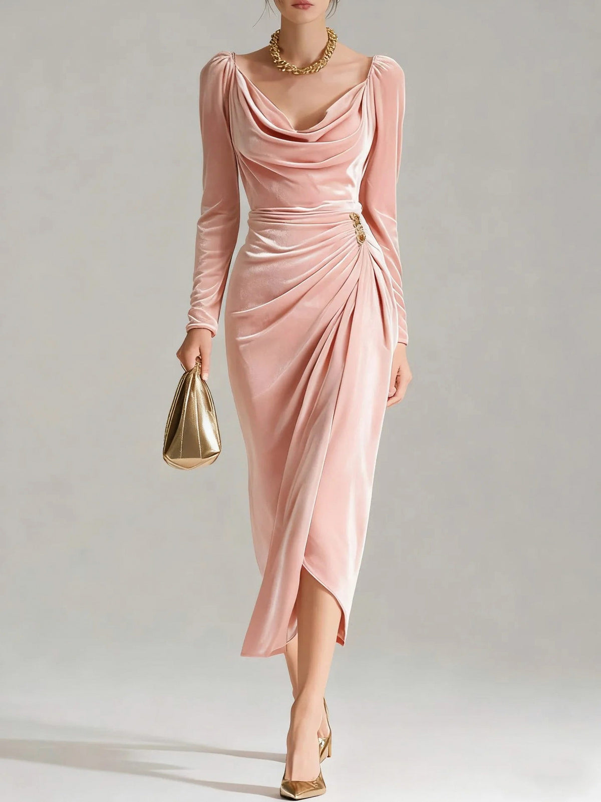 Velvet Cowl Neck Midi Dress