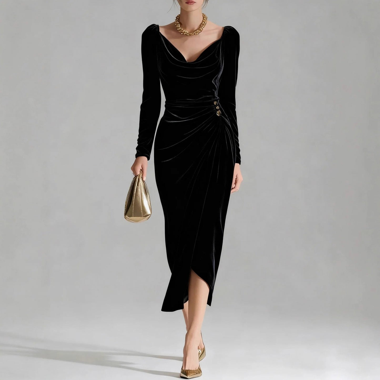 Velvet Cowl Neck Midi Dress