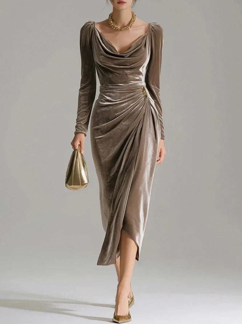 Velvet Cowl Neck Midi Dress