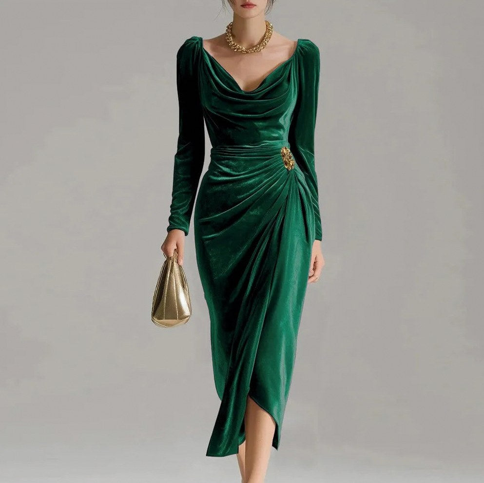 Velvet Cowl Neck Midi Dress