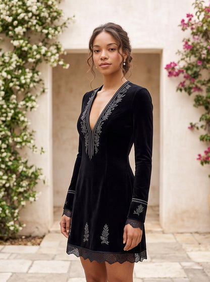 Velvet Long Sleeve Embroidered Lace Trim Mini Dress