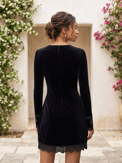 Velvet Long Sleeve Embroidered Lace Trim Mini Dress