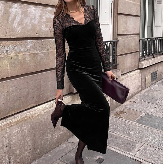 Velvet Lace Long Sleeve Maxi Dress