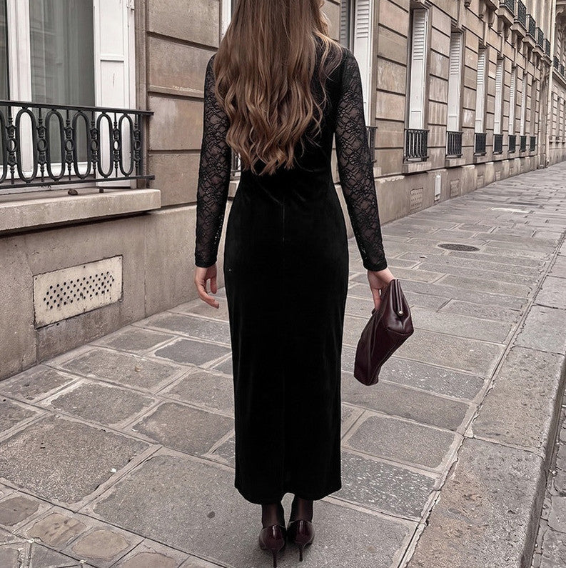Velvet Lace Long Sleeve Maxi Dress