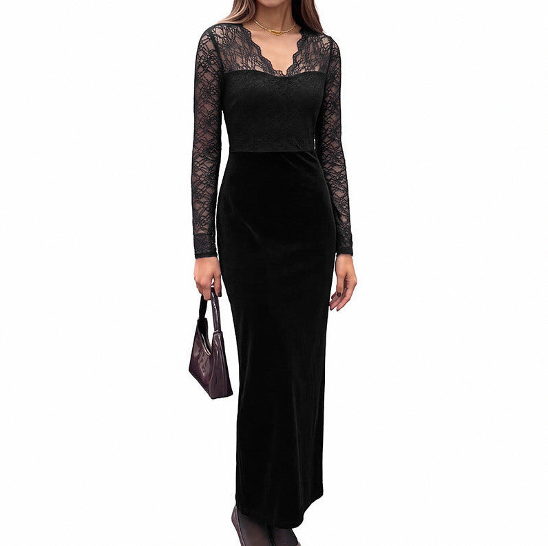 Velvet Lace Long Sleeve Maxi Dress