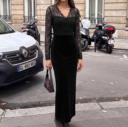 Velvet Lace Long Sleeve Maxi Dress