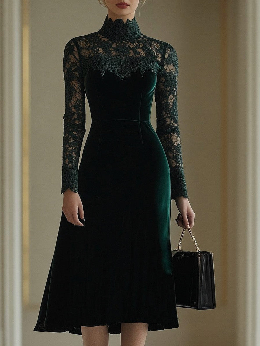 Velvet Lace Long Sleeve Midi Dress
