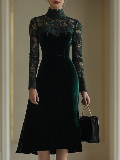 Velvet Lace Long Sleeve Midi Dress