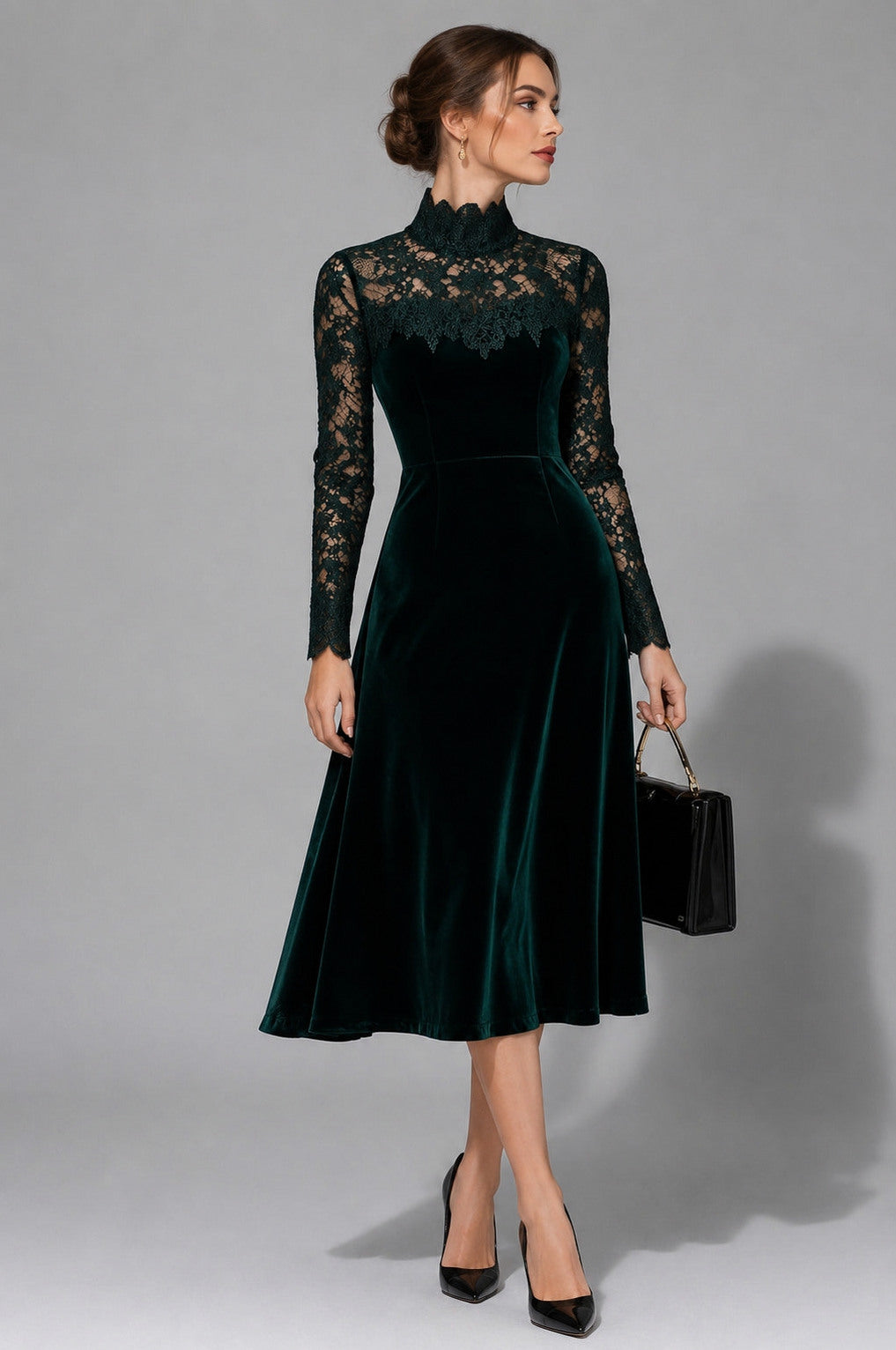 Velvet Lace Long Sleeve Midi Dress