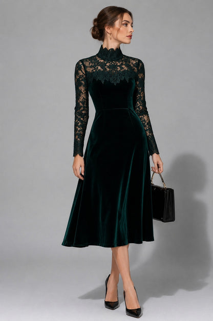 Velvet Lace Long Sleeve Midi Dress