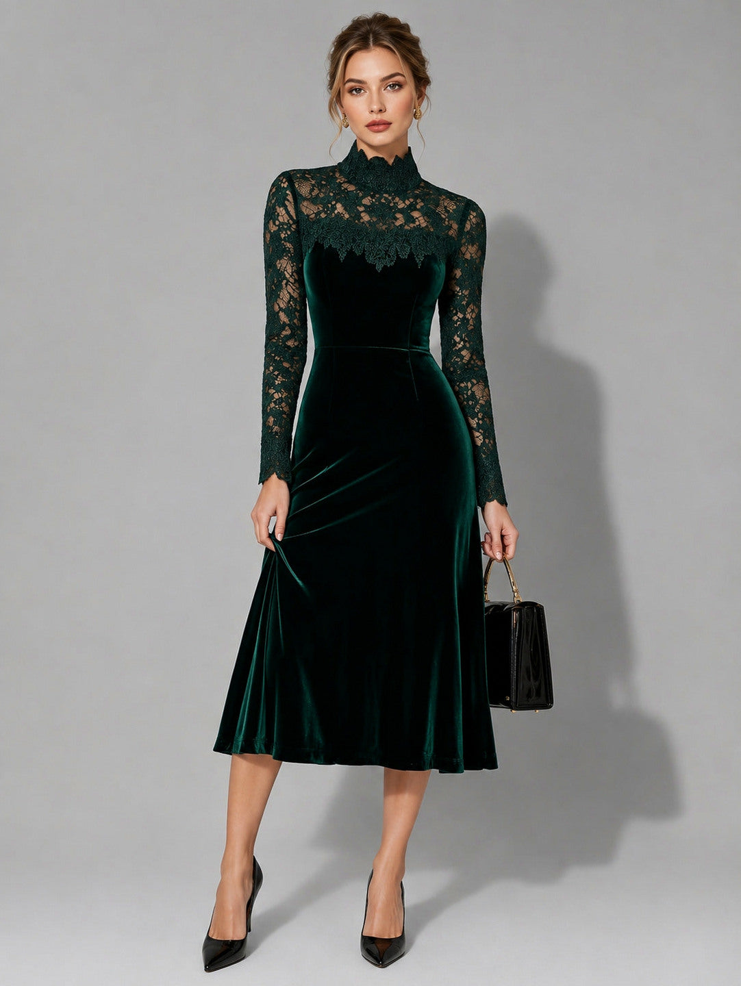 Velvet Lace Long Sleeve Midi Dress