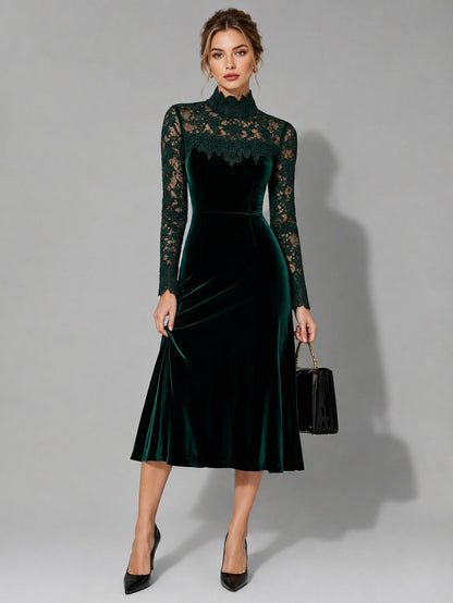 Velvet Lace Long Sleeve Midi Dress
