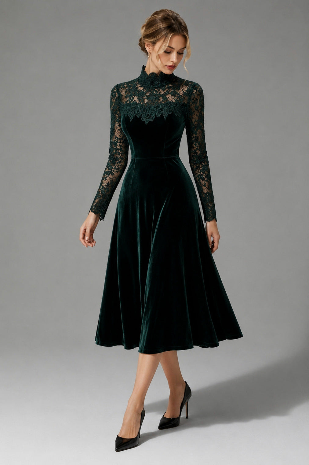 Velvet Lace Long Sleeve Midi Dress