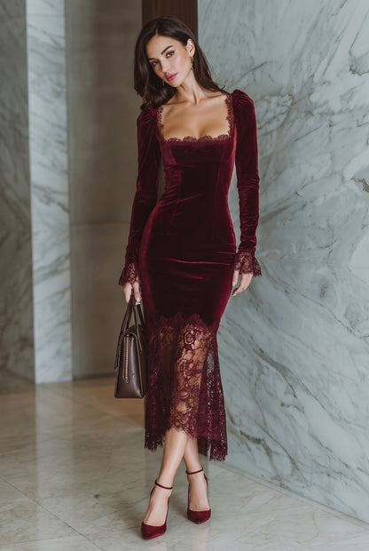 Velvet Lace Trim Midi Dress