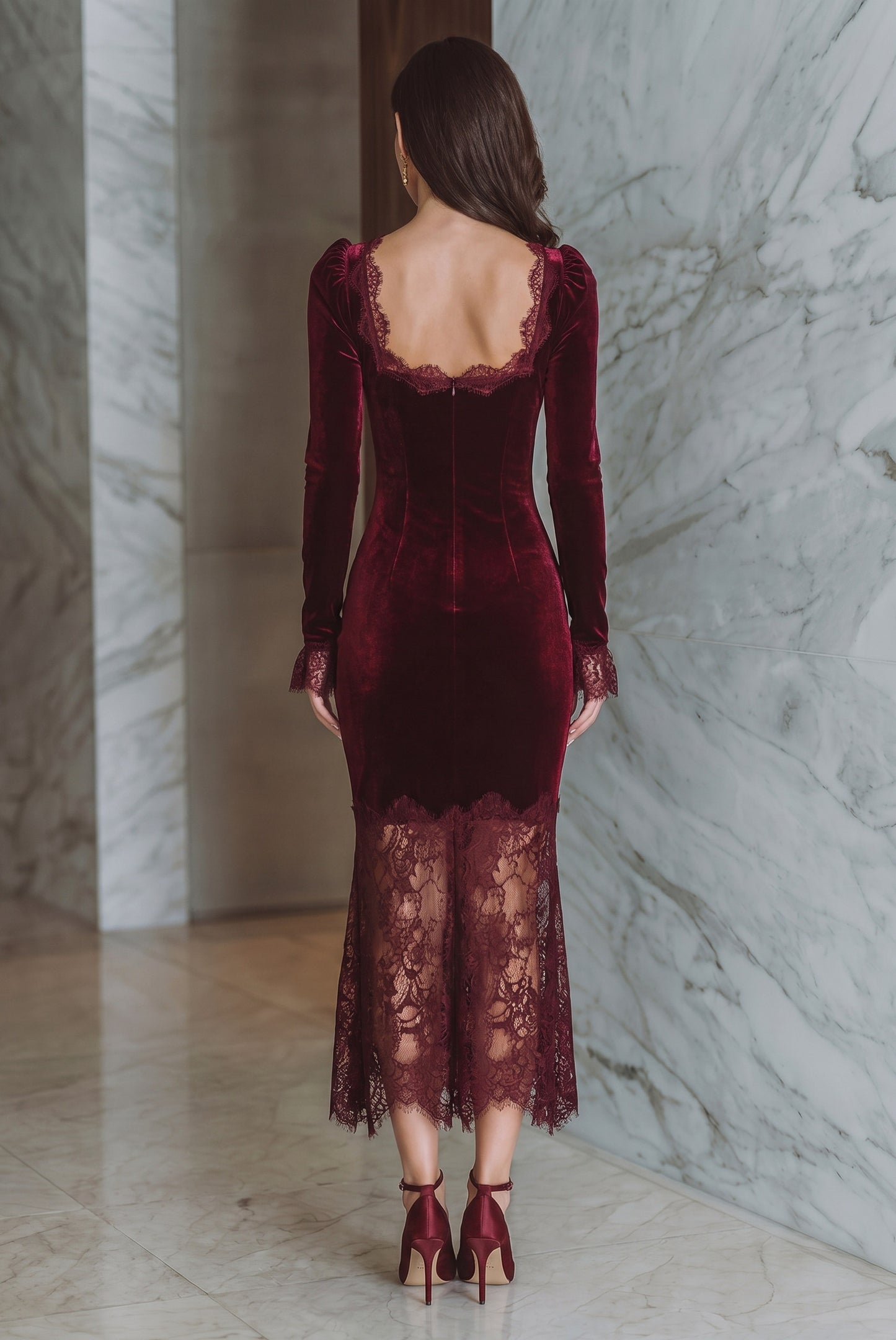 Velvet Lace Trim Midi Dress