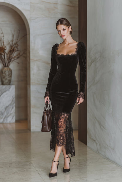 Velvet Lace Trim Midi Dress