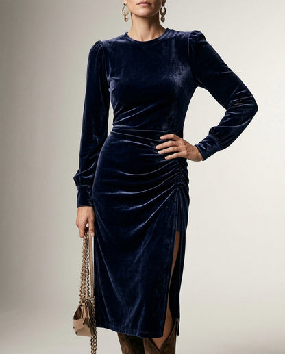 Velvet Long Sleeve Ruched Slit Maxi Dress