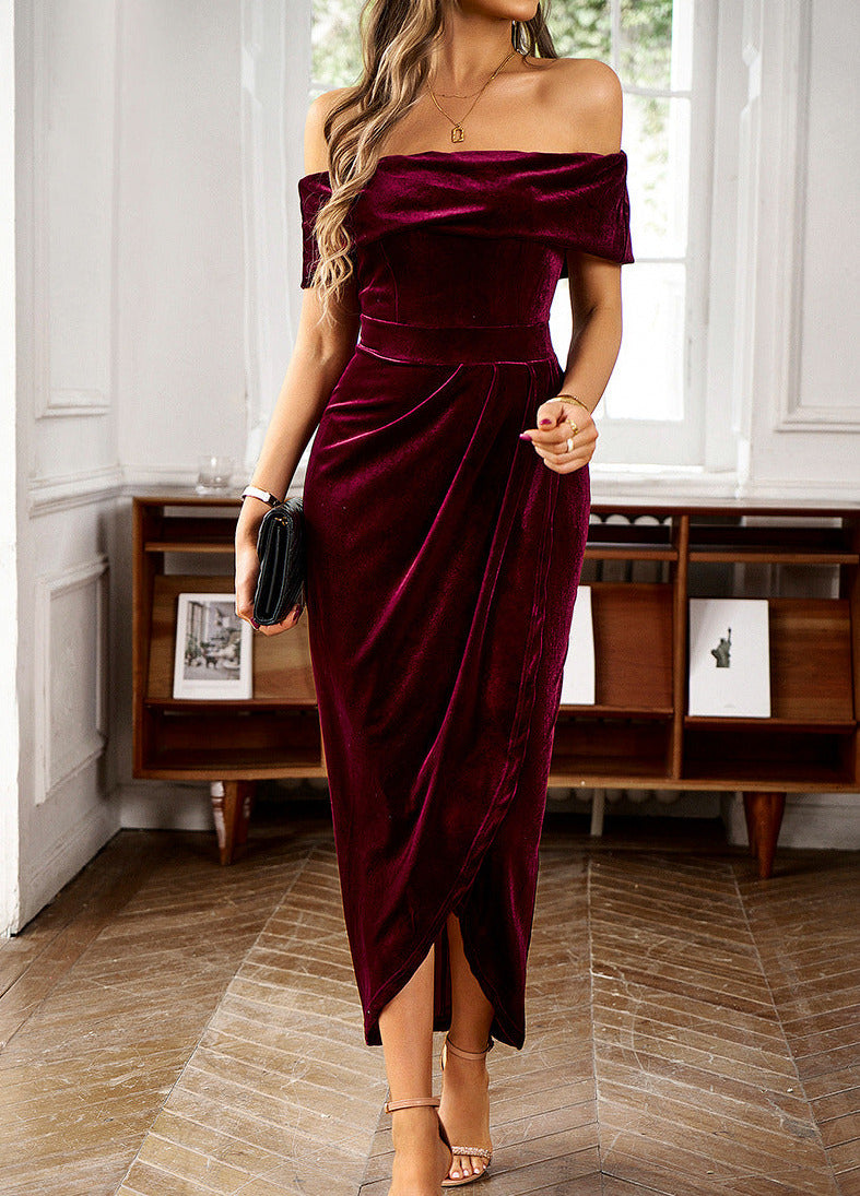 Velvet Off Shoulder Midi Dress