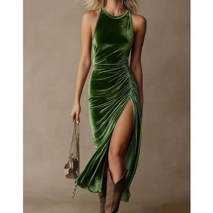 Velvet Ruched Slit Midi Dress