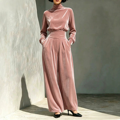 Velvet Turtleneck Top and Wide Leg Pants Set