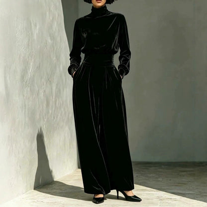 Velvet Turtleneck Top and Wide Leg Pants Set