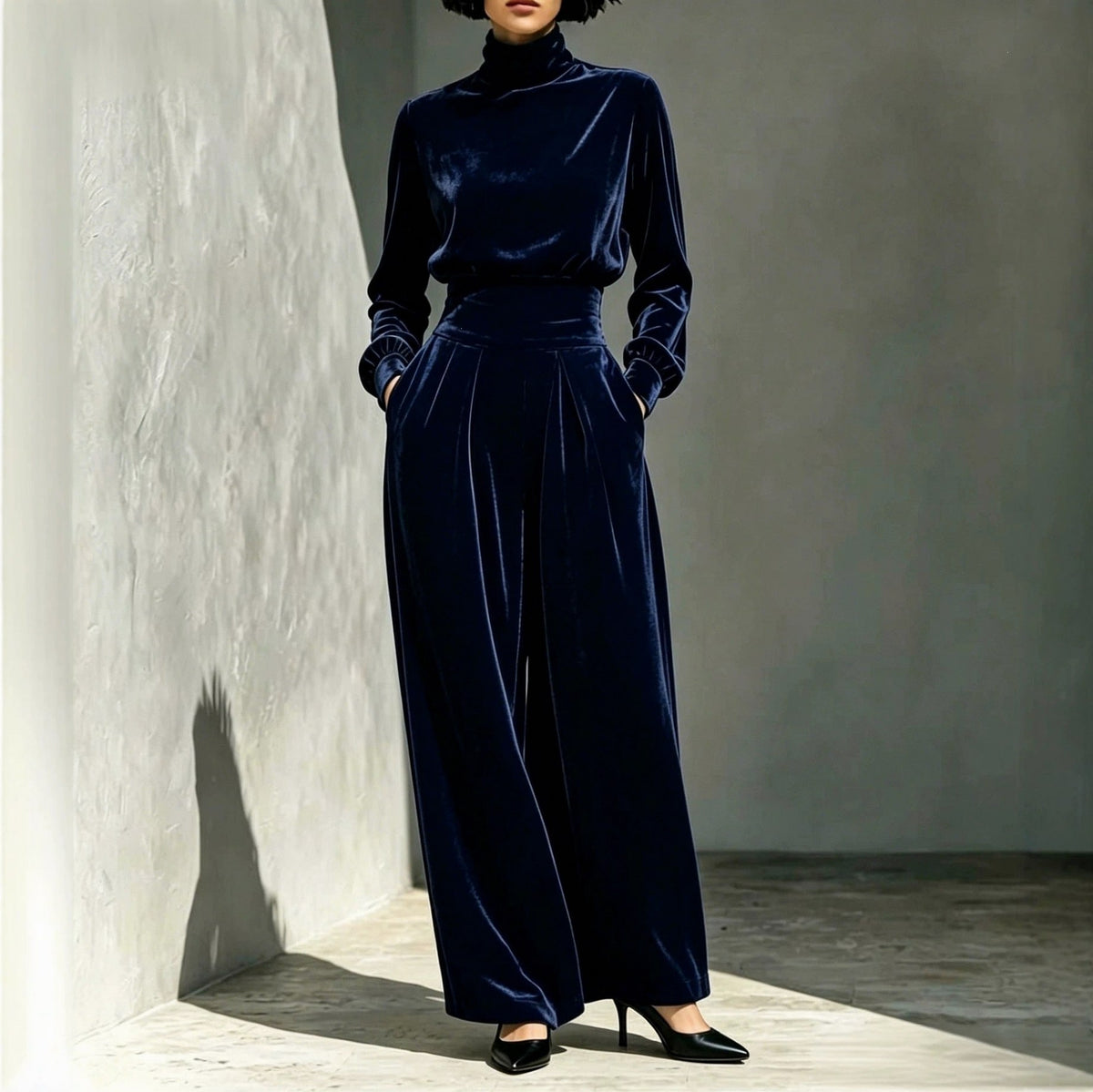 Velvet Turtleneck Top and Wide Leg Pants Set